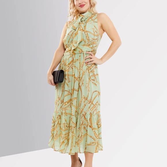 Lauren Ralph Lauren Equestrian Georgette Printed Midi Dress Green NWT 10 - Picture 2 of 5